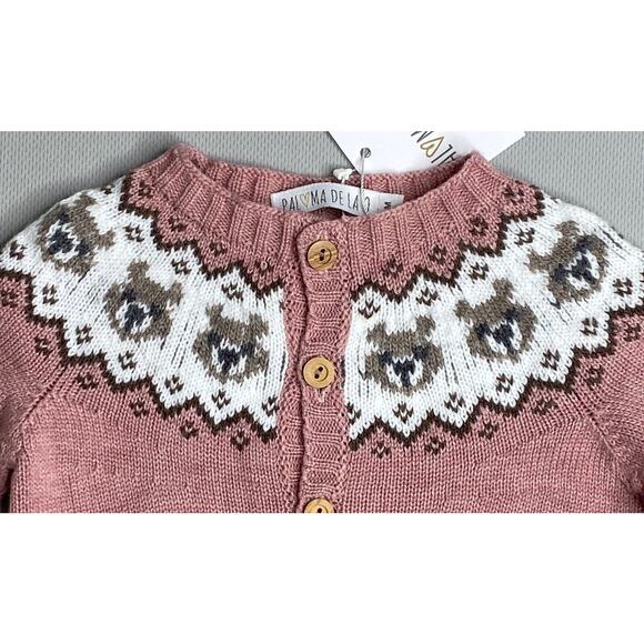 NWT Paloma de la O Pink Fair Isle Bears Cardigan Sweater Girls 6 Mo - Picture 2 of 5